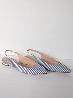 J. Crew NIB Blue White Stripe Slingback Flats Pointed Toe Coastal Preppy Size 7